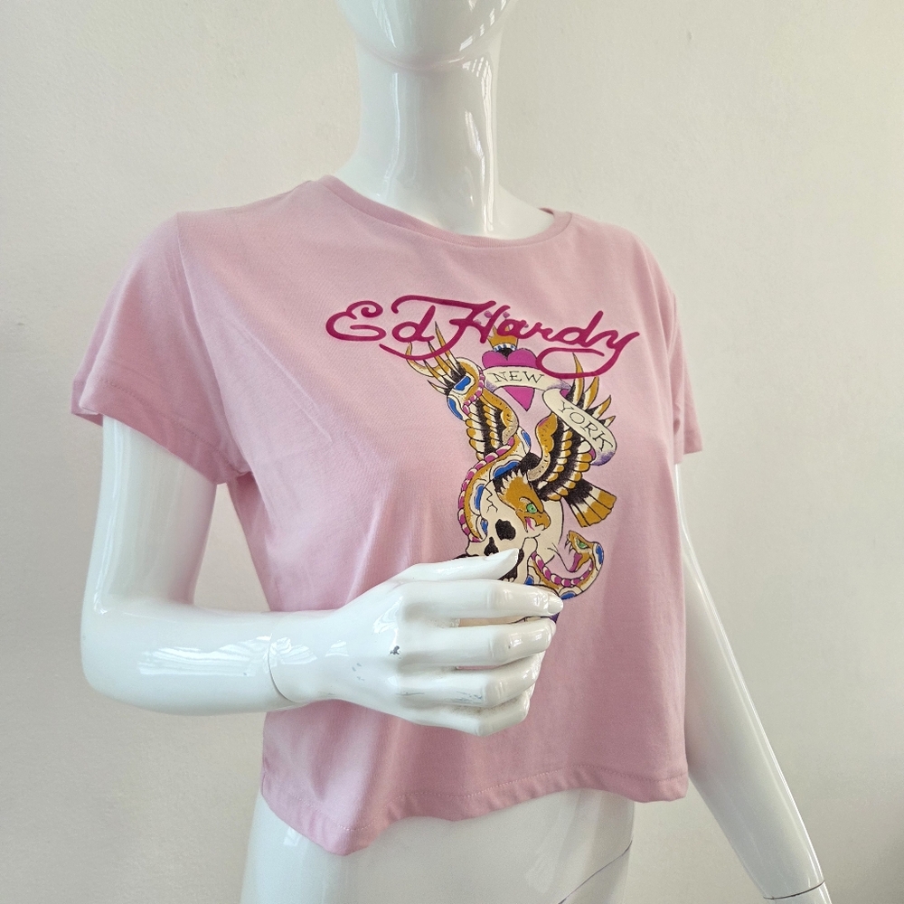 Y2K Ed Hardy Light Pink Snake Skull Tattoo Graphic Art XLarge Cropped Tee NYC - Picture 5 of 15